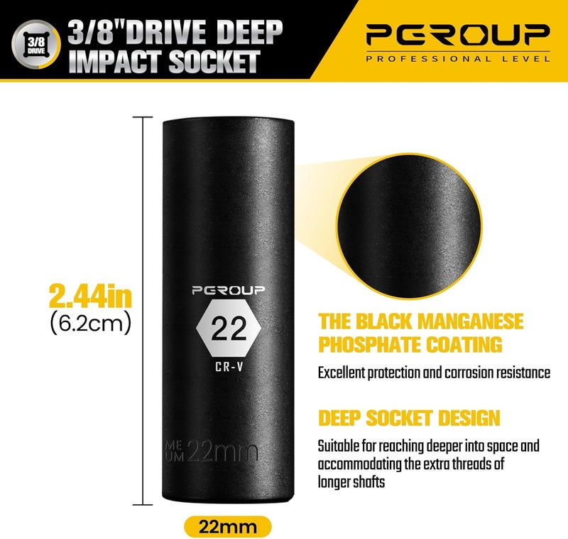 pgroup 3/8” Drive Deep Impact Socket, Metric(22mm socket), 6-Point, Cr-V Steel With Black Manganese Phosphate Coating - Image 2